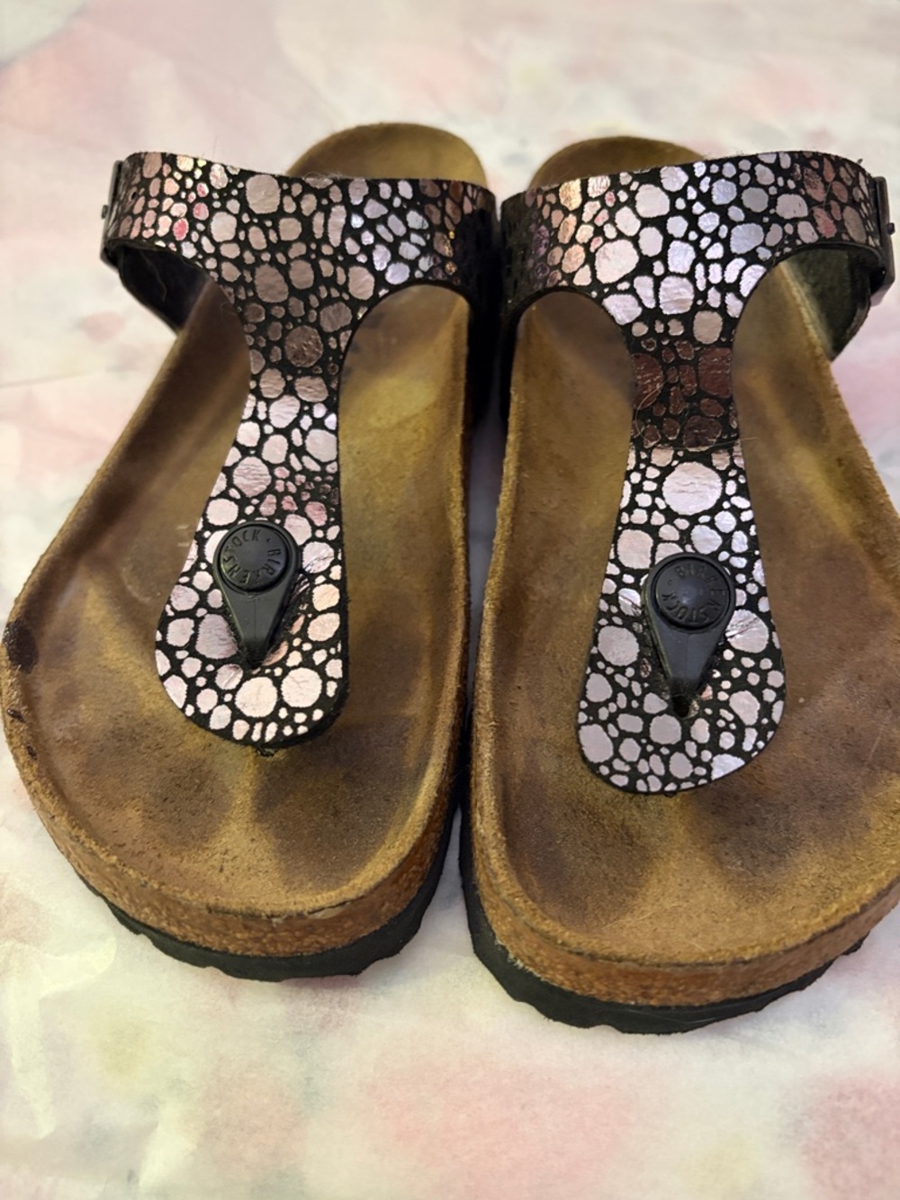 Birkenstock Metallic black and silver (pinkish )Patterned Thong Sandals